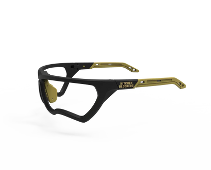 Kitchen Blockers™ protective eyewear in black and gold color, designed for Pickleball players to prevent eye injuries.