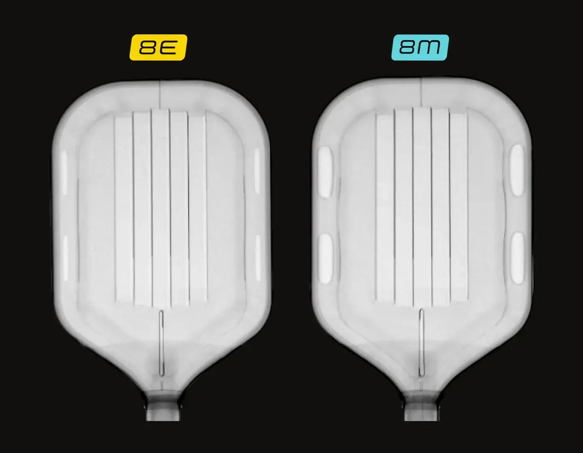 Gearbox Pressure X 8E Elongated paddle comparison with 8E and 8M model visible.