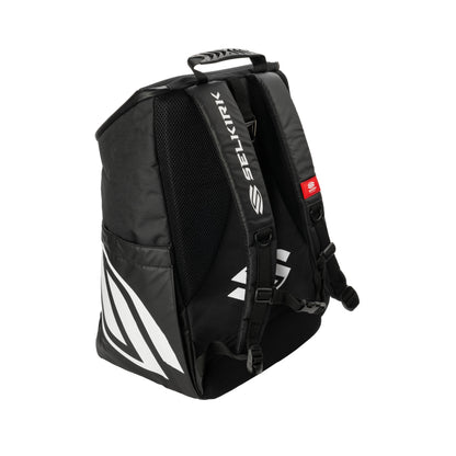 Selkirk Pro Line Team Bag Pickleball Backpack in black with white accents and padded straps for comfort.