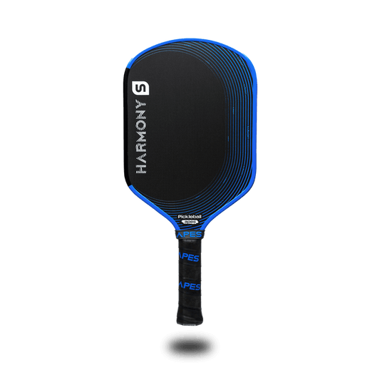 Harmony S pickleball paddle with blue accents, featuring a honeycomb core and leather grip for optimal performance.