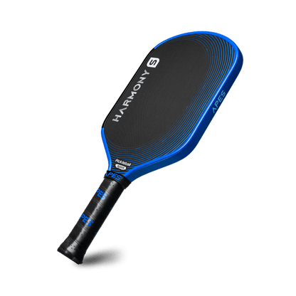 Pickleball Apes Harmony S paddle with a black surface and blue accents, designed for control and comfort.