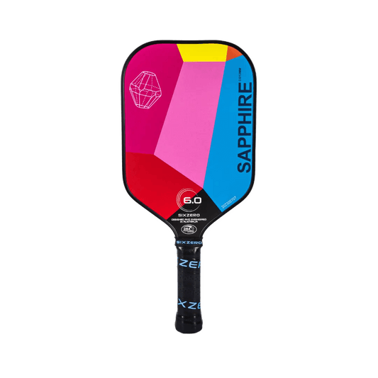 Six Zero Sapphire Parti paddle with multicolor design, offering premium control and power, crafted using hot mold production technology