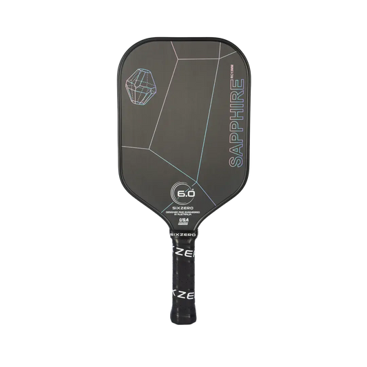 Six Zero Sapphire 2024 pickleball paddle featuring a sleek design, raw carbon face, and advanced thermomolding technology.
