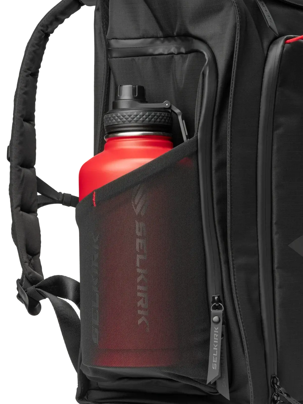 Selkirk Pro Line 2.0 Tour Pickleball Backpack (35L) with a water bottle in its side pocket.