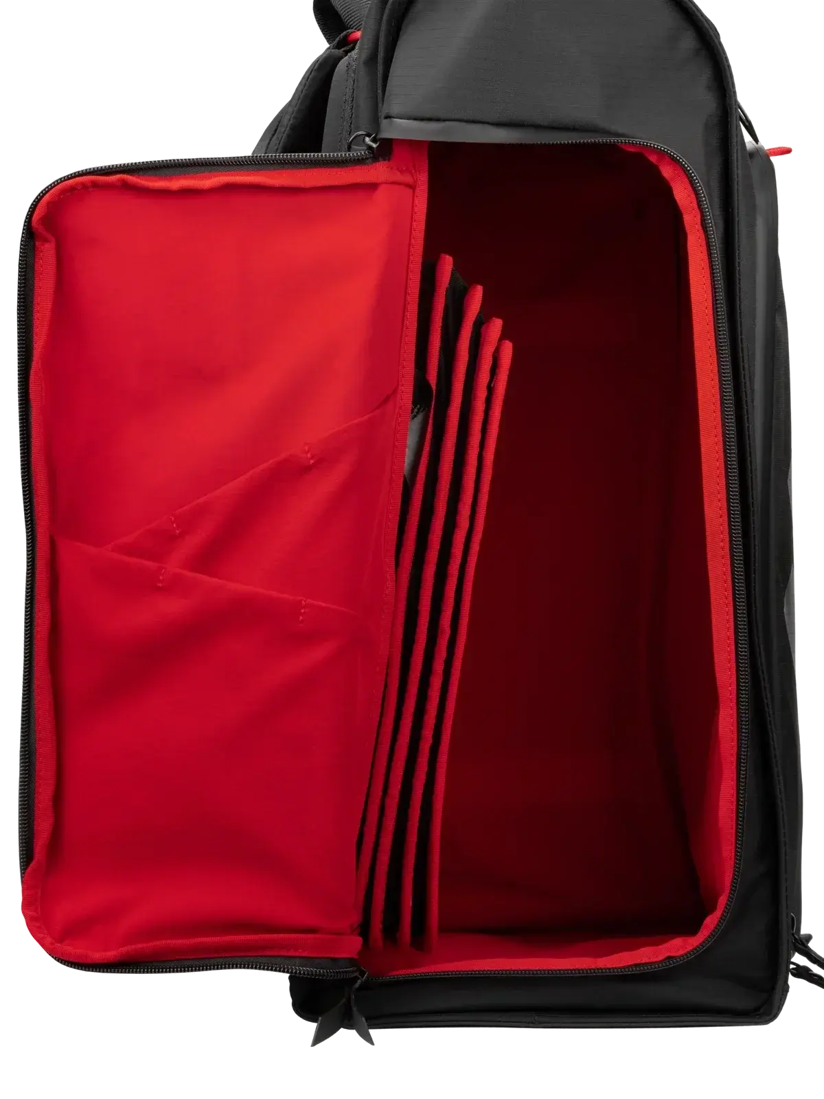Interior view of Selkirk Pro Line 2.0 Tour Pickleball Backpack (35L) showcasing red compartment and organized storage.