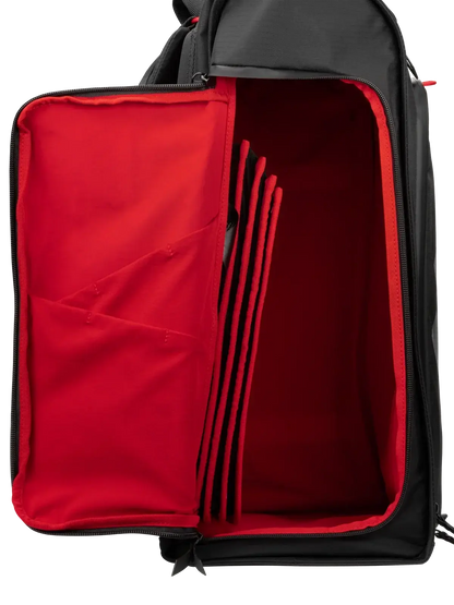 Interior view of Selkirk Pro Line 2.0 Tour Pickleball Backpack (35L) showcasing red compartment and organized storage.