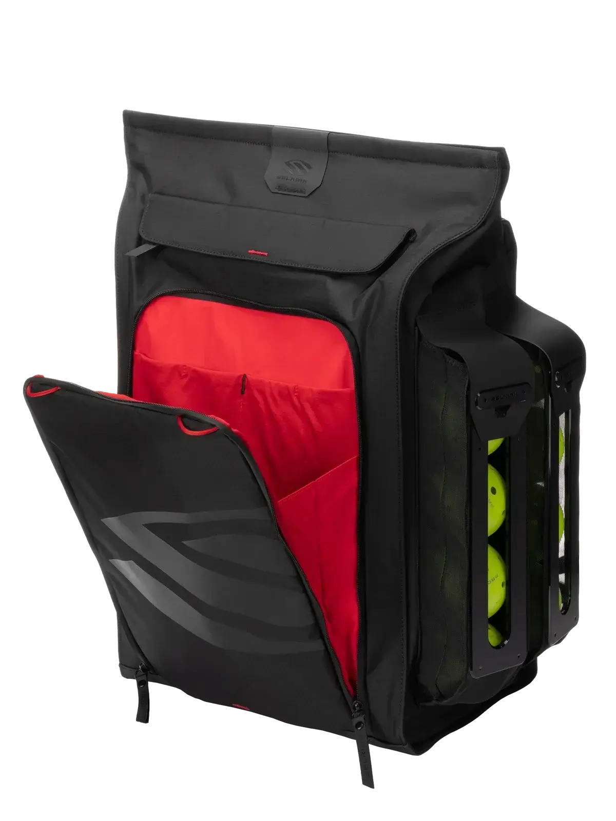 Selkirk Pro Line 2.0 Tour Pickleball Backpack (35L) with red interior and paddle storage.