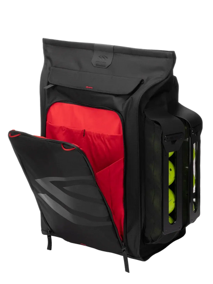 Selkirk Pro Line 2.0 Tour Pickleball Backpack (35L) with red interior and paddle storage.