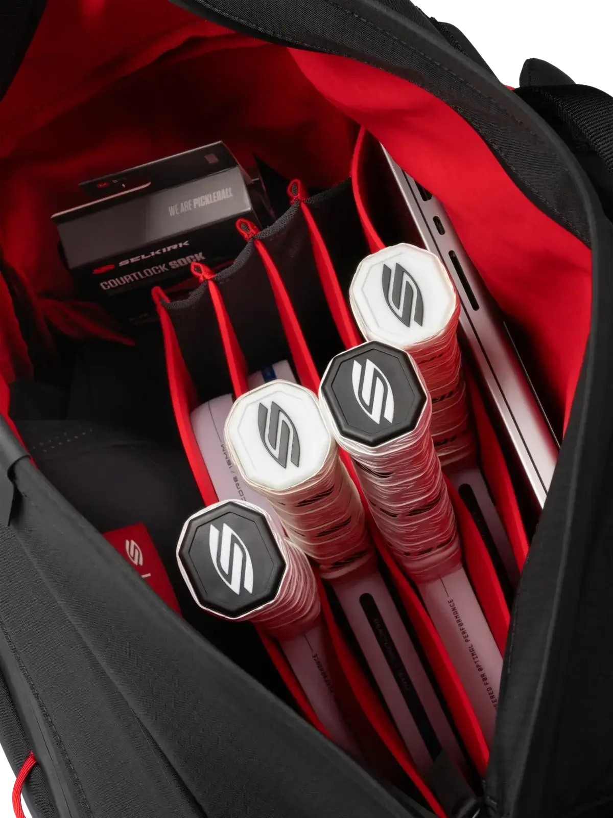 Interior view of Selkirk Pro Line 2.0 Tour Pickleball Backpack (35L) showcasing gear storage.