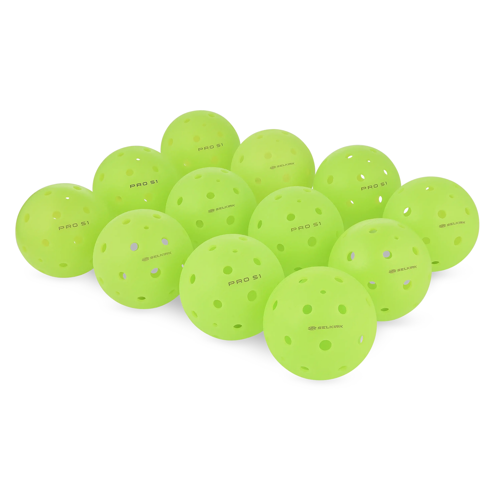 Collection of bright green Selkirk Sport Pro S1 Pickleball balls, featuring USAPA approval and no-crack warranty.