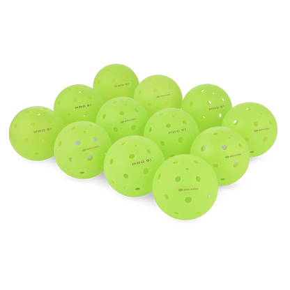 Collection of bright green Selkirk Sport Pro S1 Pickleball balls, featuring USAPA approval and no-crack warranty.