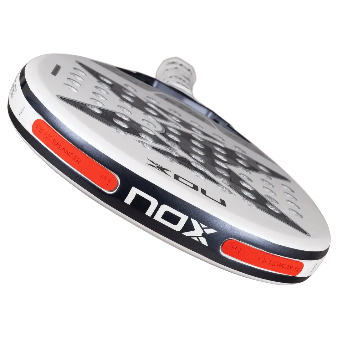 NOX AT10 LUXURY GENIUS 12K ALUM XTREM LITE 2026 BY AGUSTÍN TAPIA padel racket angled view showcasing design features.
