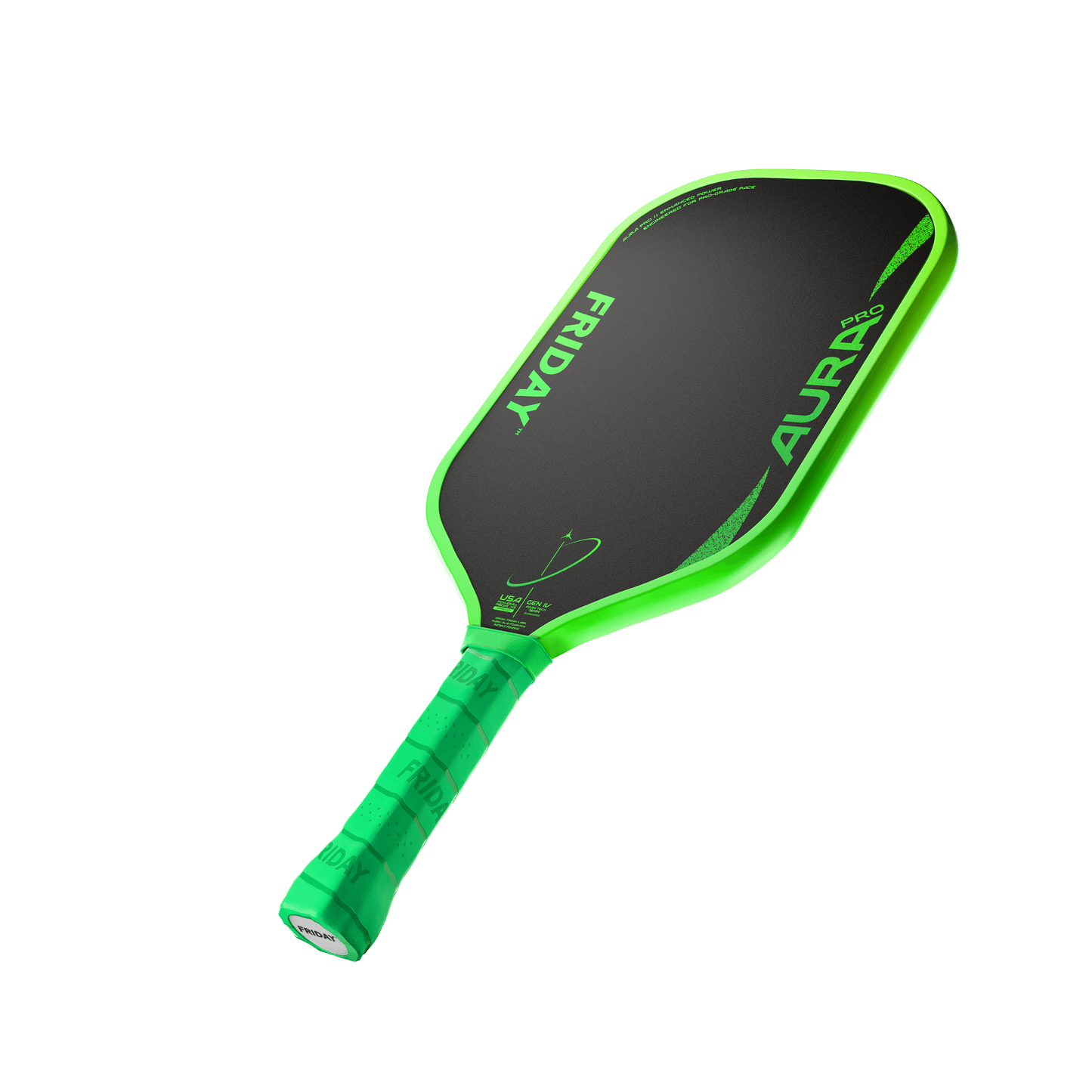 Friday AURA PRO - Elongated pickleball paddle with a green grip and optimized power features.