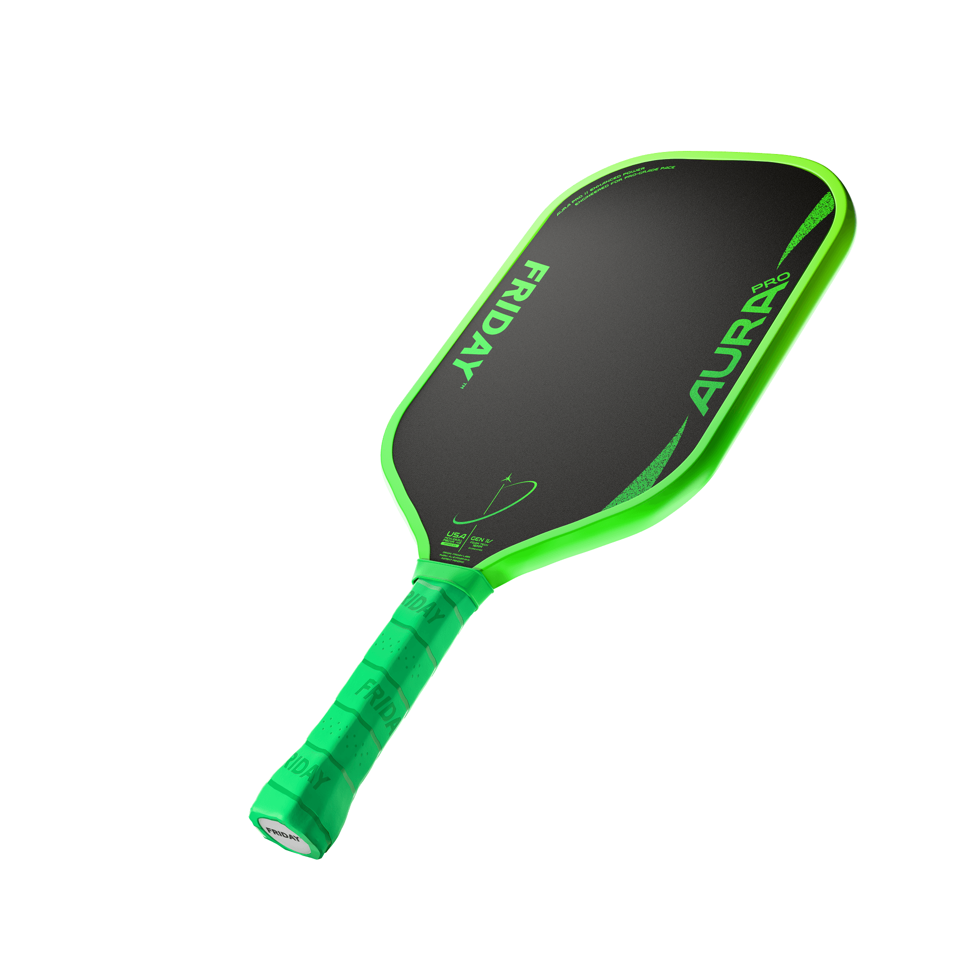 Friday AURA PRO - Elongated pickleball paddle with a green grip and optimized power features.