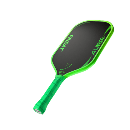 Friday AURA PRO - Elongated pickleball paddle with a green grip and optimized power features.