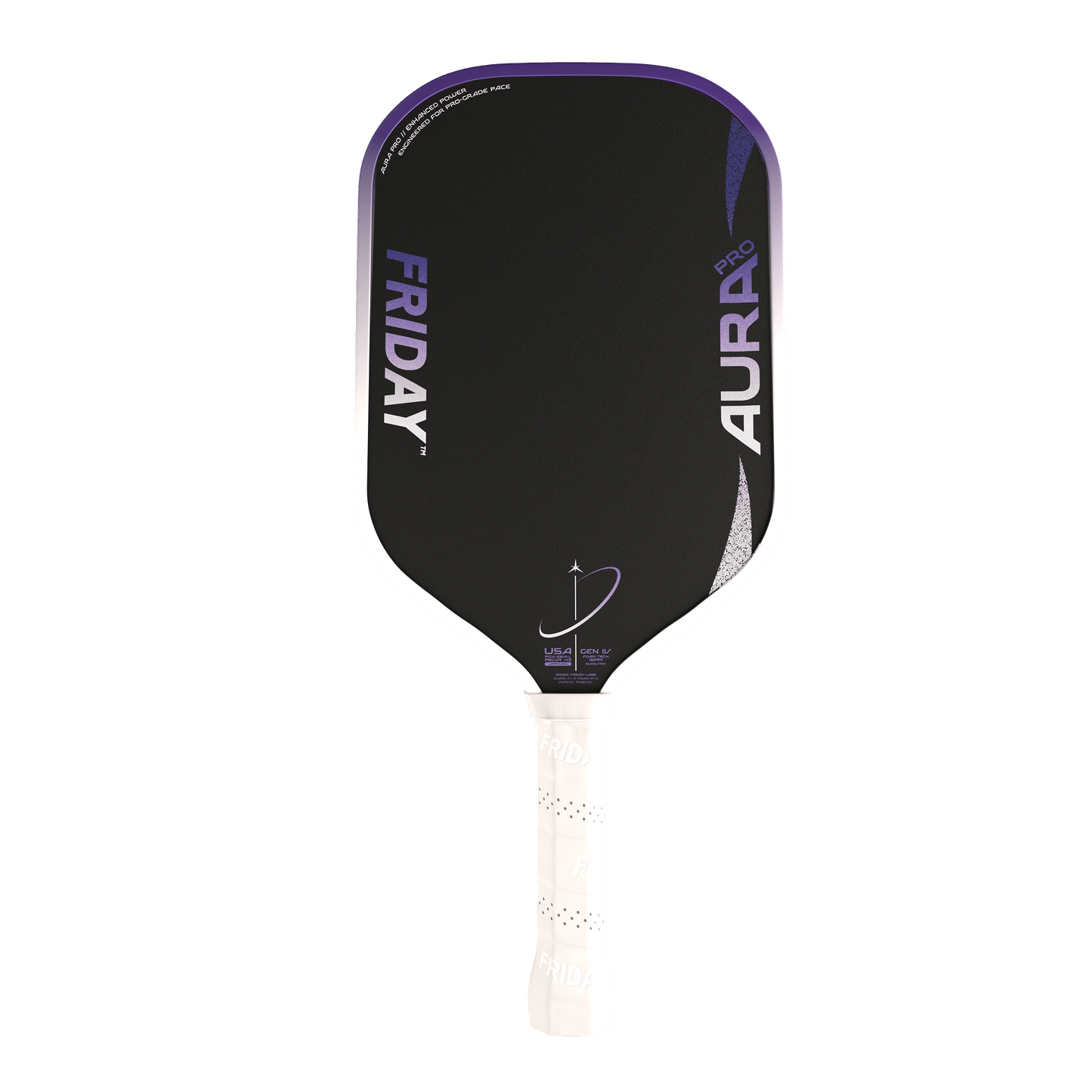 Friday AURA PRO - Elongated pickleball paddle with a black face and white grip for enhanced performance.