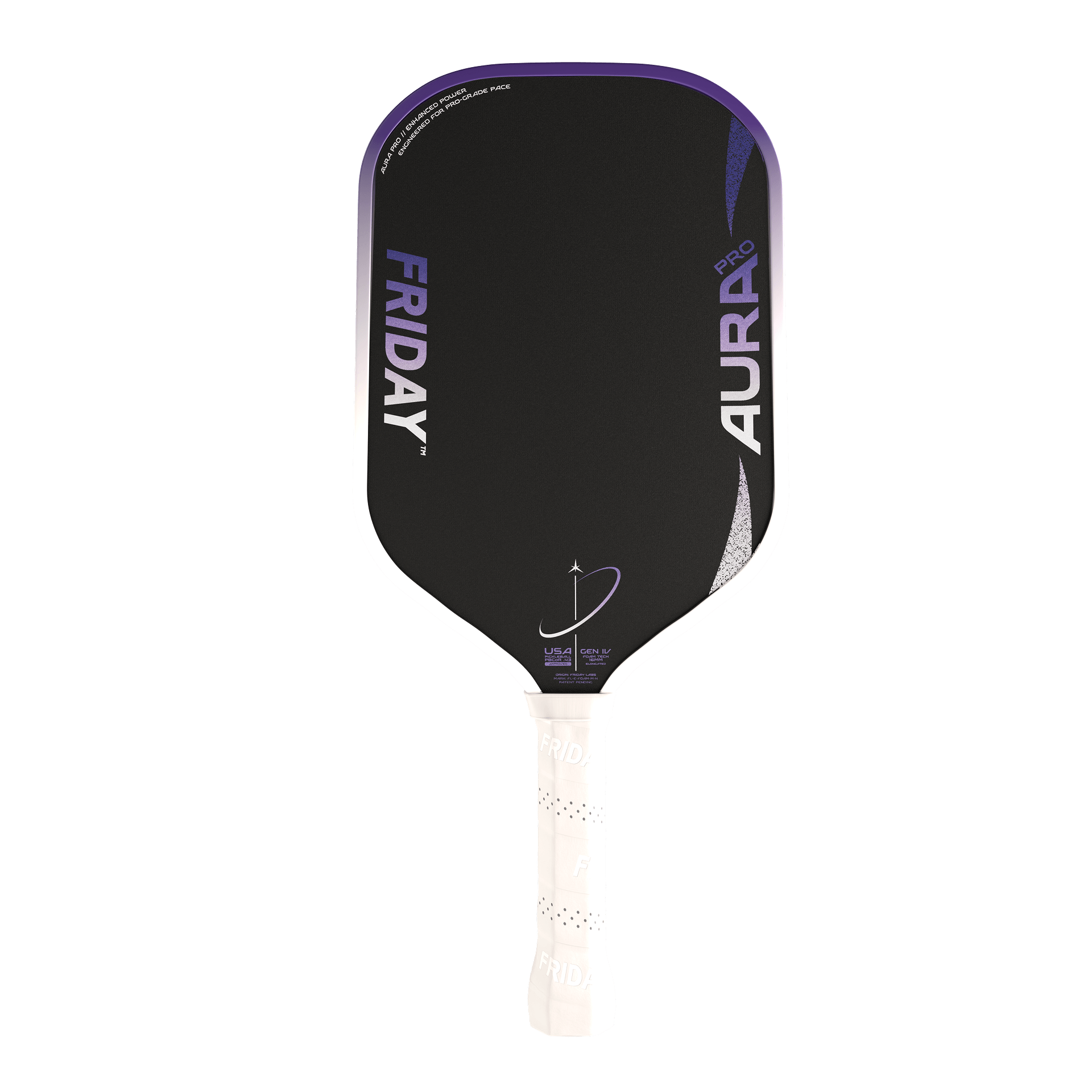 Friday AURA PRO - Elongated pickleball paddle with a black face and white grip for enhanced performance.