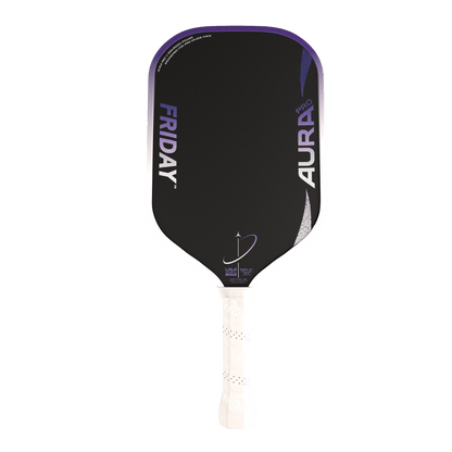 Friday AURA PRO - Elongated pickleball paddle with a black face and white grip for enhanced performance.