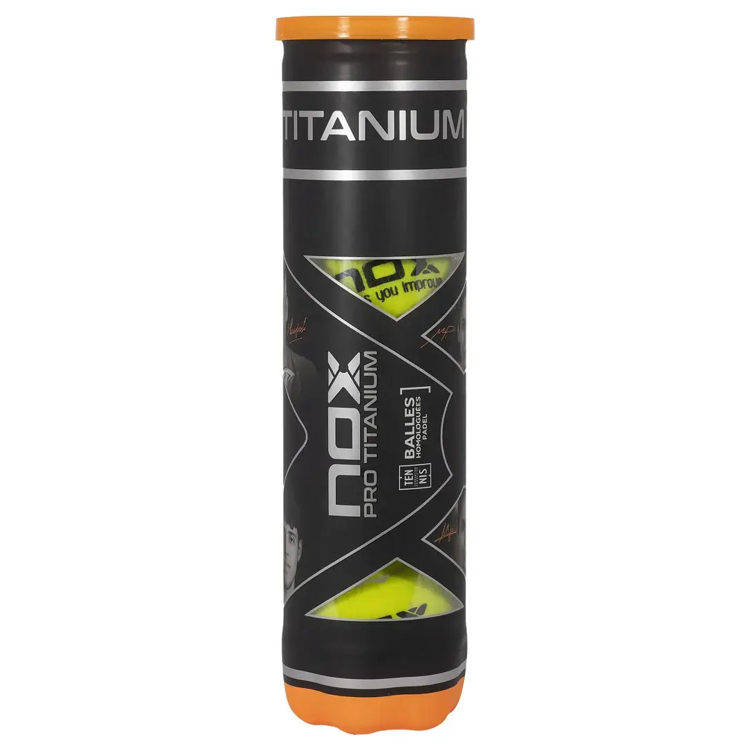 NOX PRO TITANIUM 4 PADEL BALLS CAN packaging, professional competition quality padel balls.
