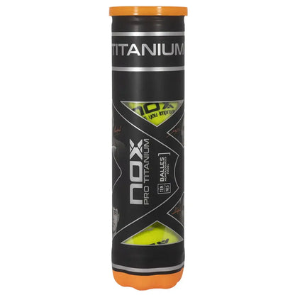 NOX PRO TITANIUM 4 PADEL BALLS CAN packaging, professional competition quality padel balls.
