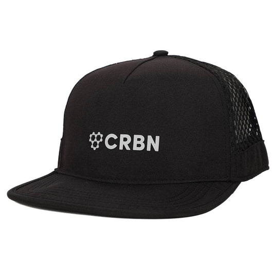 CRBN Ultralight Trucker Hat in black with mesh sides for style and performance, perfect for any activity.