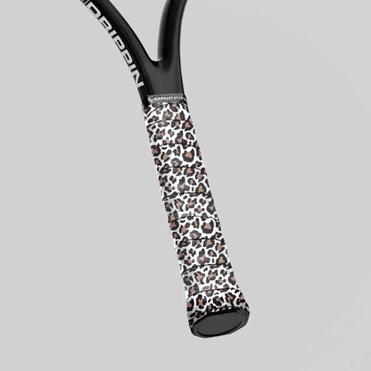 Udrippin White Leopard Print - Custom Grips showcased on a racquet handle with a stylish leopard pattern.
