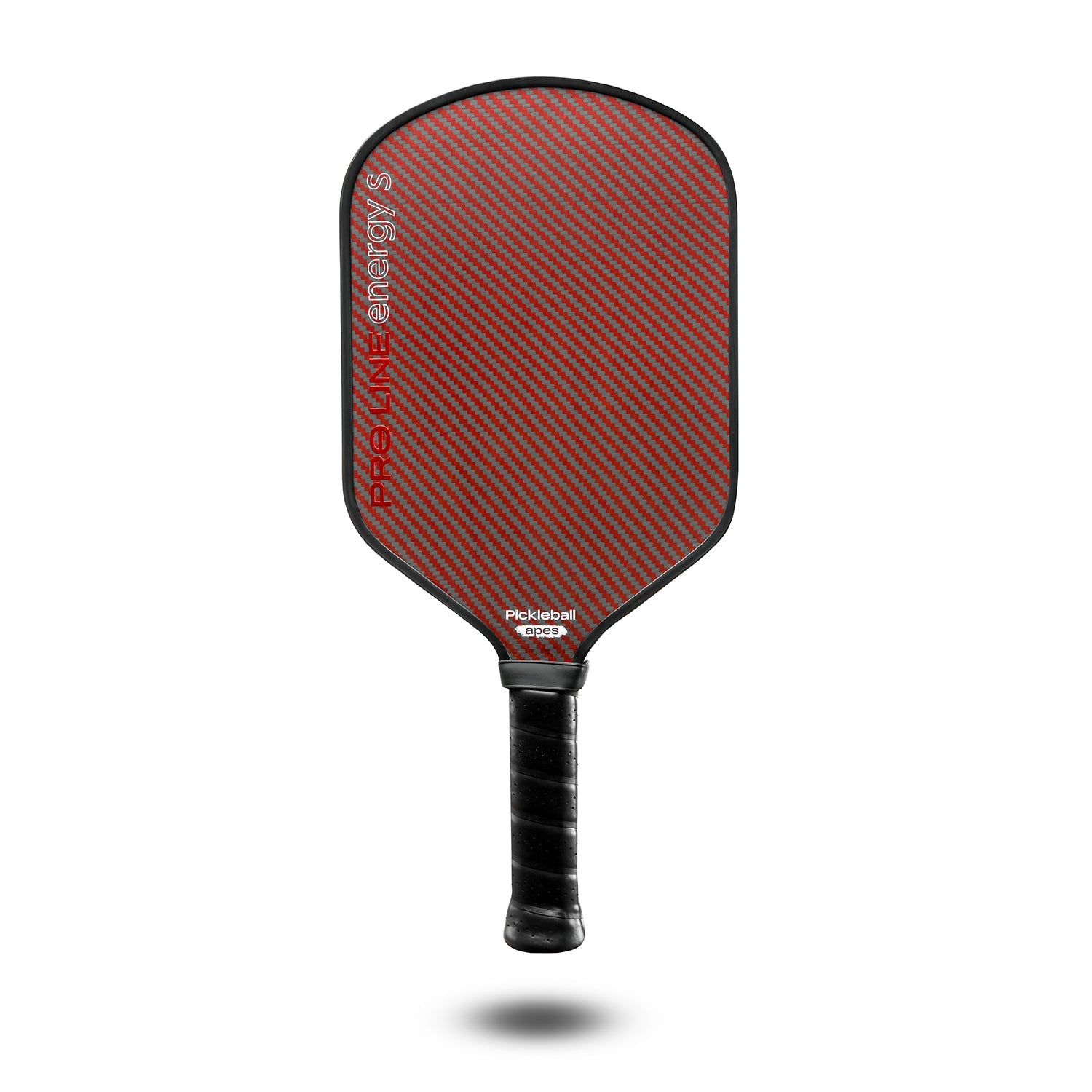 PickleballApes Pro Line Energy S Paddle with Dynamic Aramid Fiber Surface and Hybrid Shape, featuring a red face and black handle.