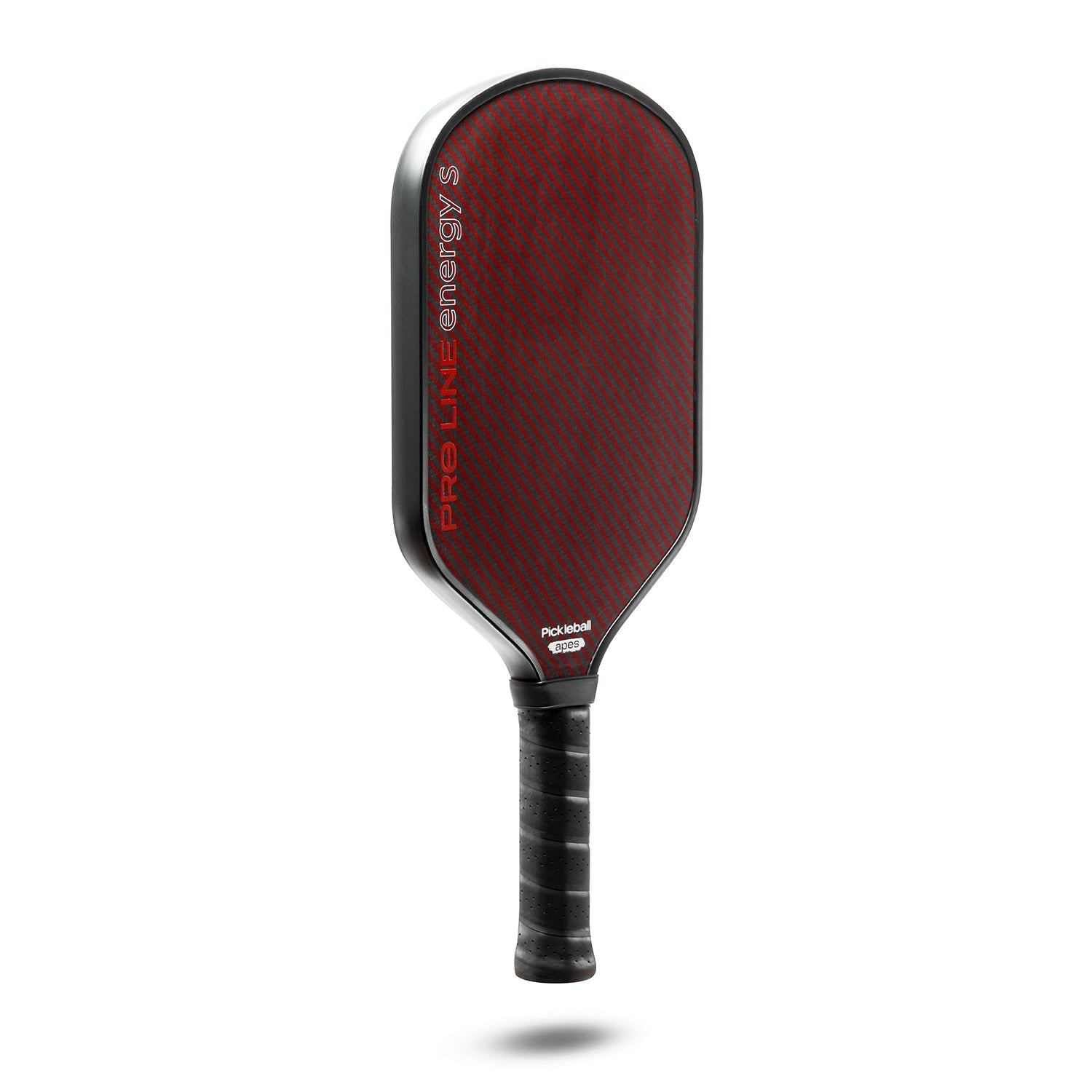 PickleballApes Pro Line Energy S paddle with Dynamic Aramid Fiber Surface, red and black design, long handle, and Hybrid shape.