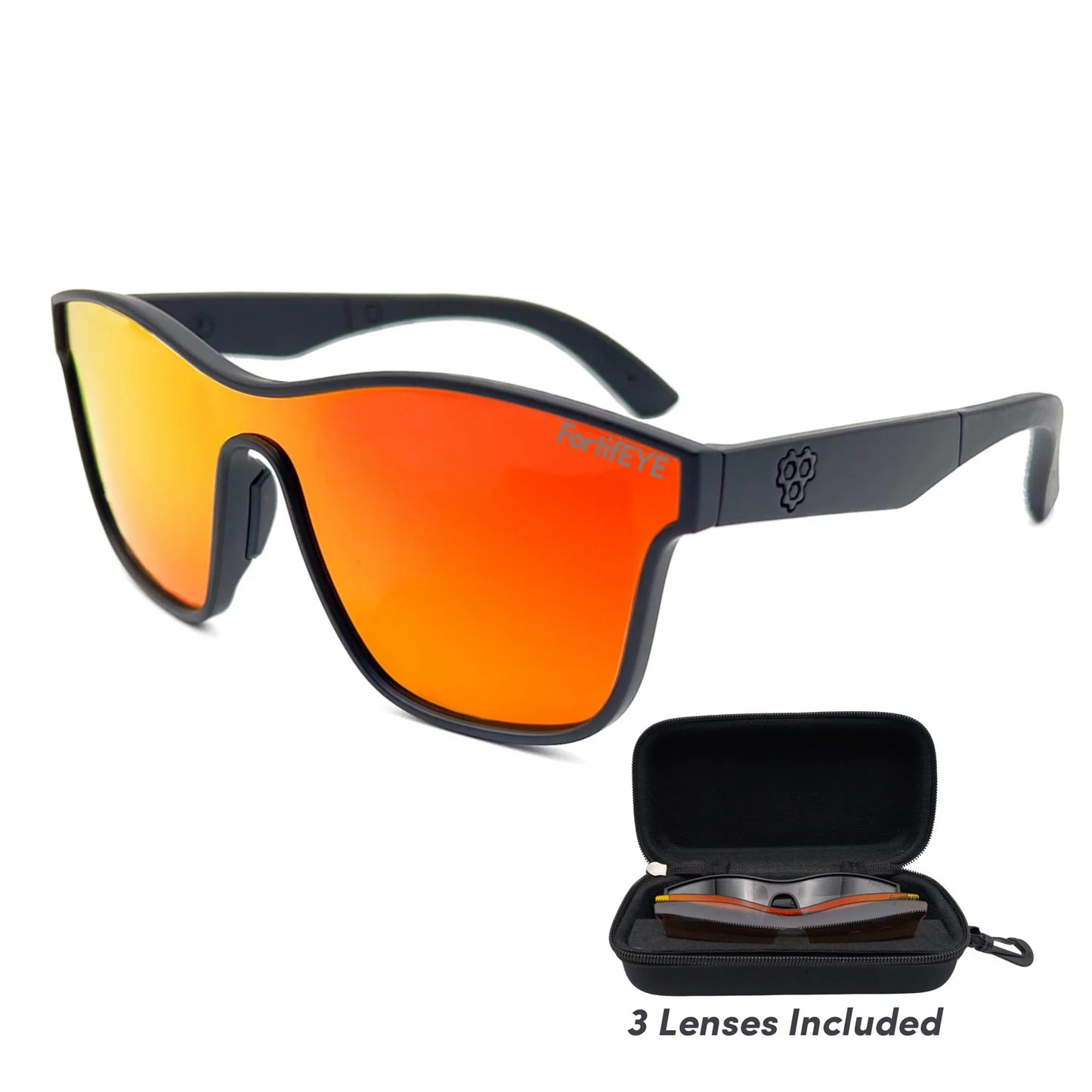 CRBN Drift Pickleball Glasses with orange mirrored lens and protective case, featuring three interchangeable lenses.