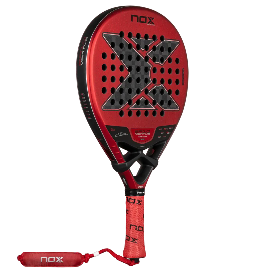 NOX EA10 VENTUS HYBRID 12K XTREM BY EDU ALONSO paddle racket featuring a red design and unique teardrop shape.