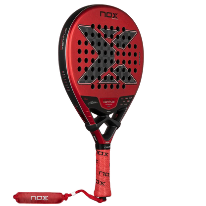 NOX EA10 VENTUS HYBRID 12K XTREM BY EDU ALONSO paddle racket featuring a red design and unique teardrop shape.