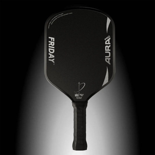 Friday AURA PRO - Hybrid pickleball paddle featuring a sleek black design and ergonomic grip.