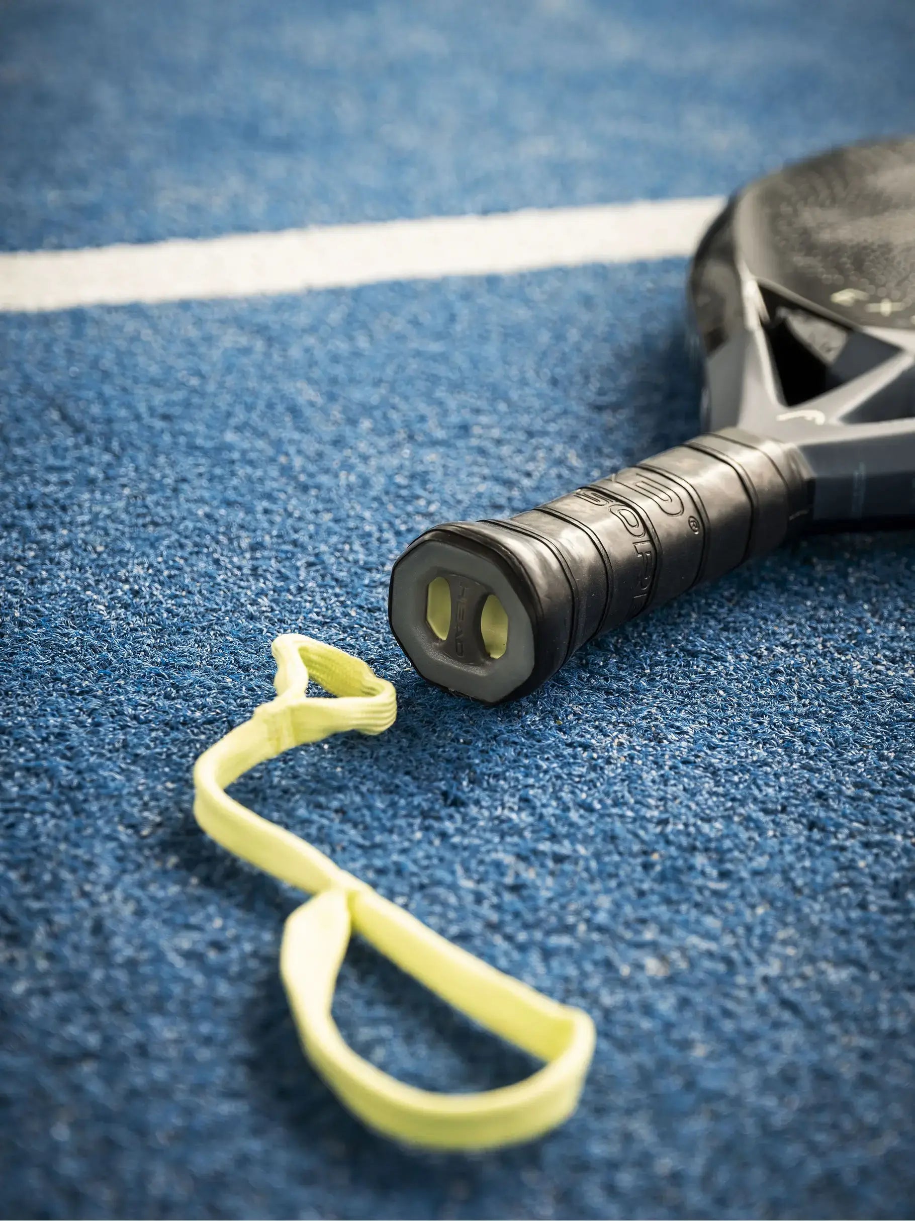 HEAD Extreme One Padel Racquet grip and strap on blue court surface.