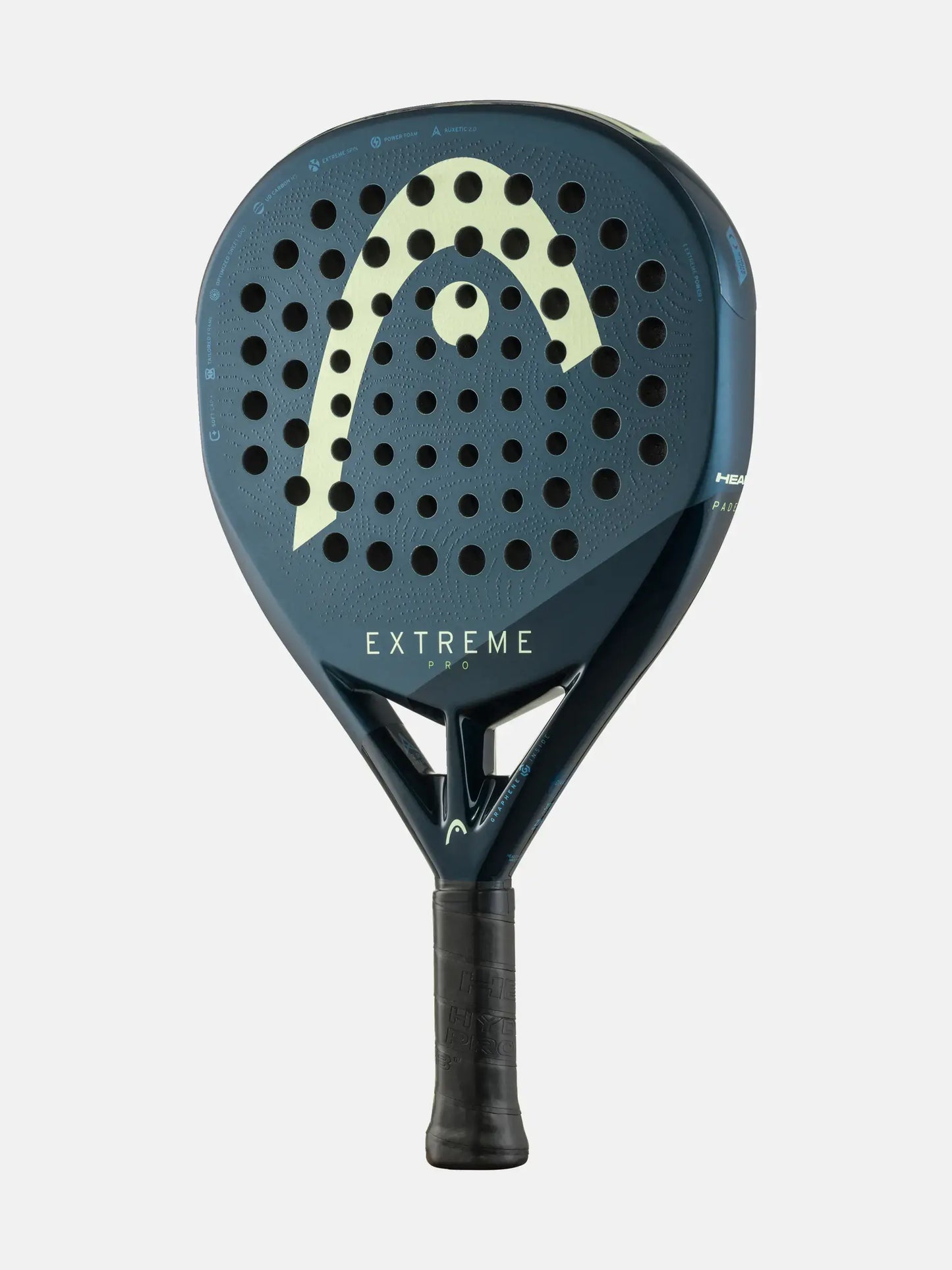 HEAD Extreme Pro Padel Racquet front view showcasing its sleek design and perforated surface.