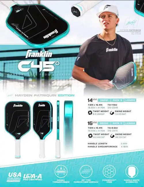 Franklin C45 Hayden Patriquin Laguna Paddle Series (14mm) featuring product details and player on the court.