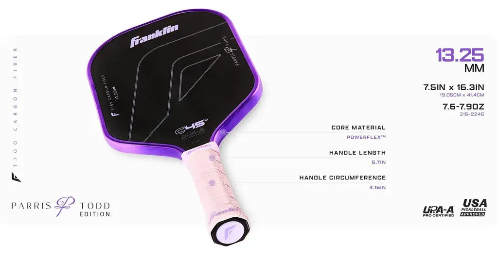 Franklin C45 Parris Todd Paddle Series specifications including core material and handle details.