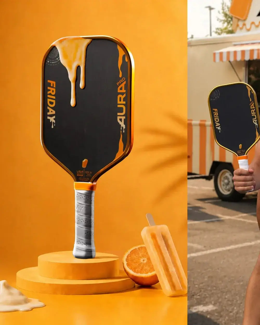 Friday Aura Pro -  Elongated (Limited Metallic Series) paddle with orange background and popsicles.
