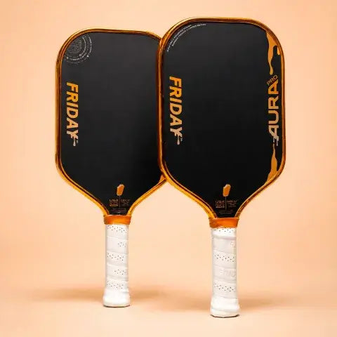Friday Aura Pro -  Elongated (Limited Metallic Series) paddles with striking design on a soft background.