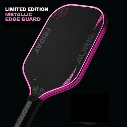 Friday Aura Pro -  Elongated (Limited Metallic Series) paddle with pink blackout metallic edge guard.