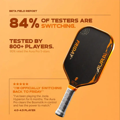 Friday Aura Pro -  Elongated (Limited Metallic Series) paddle with testimonials and ratings background.