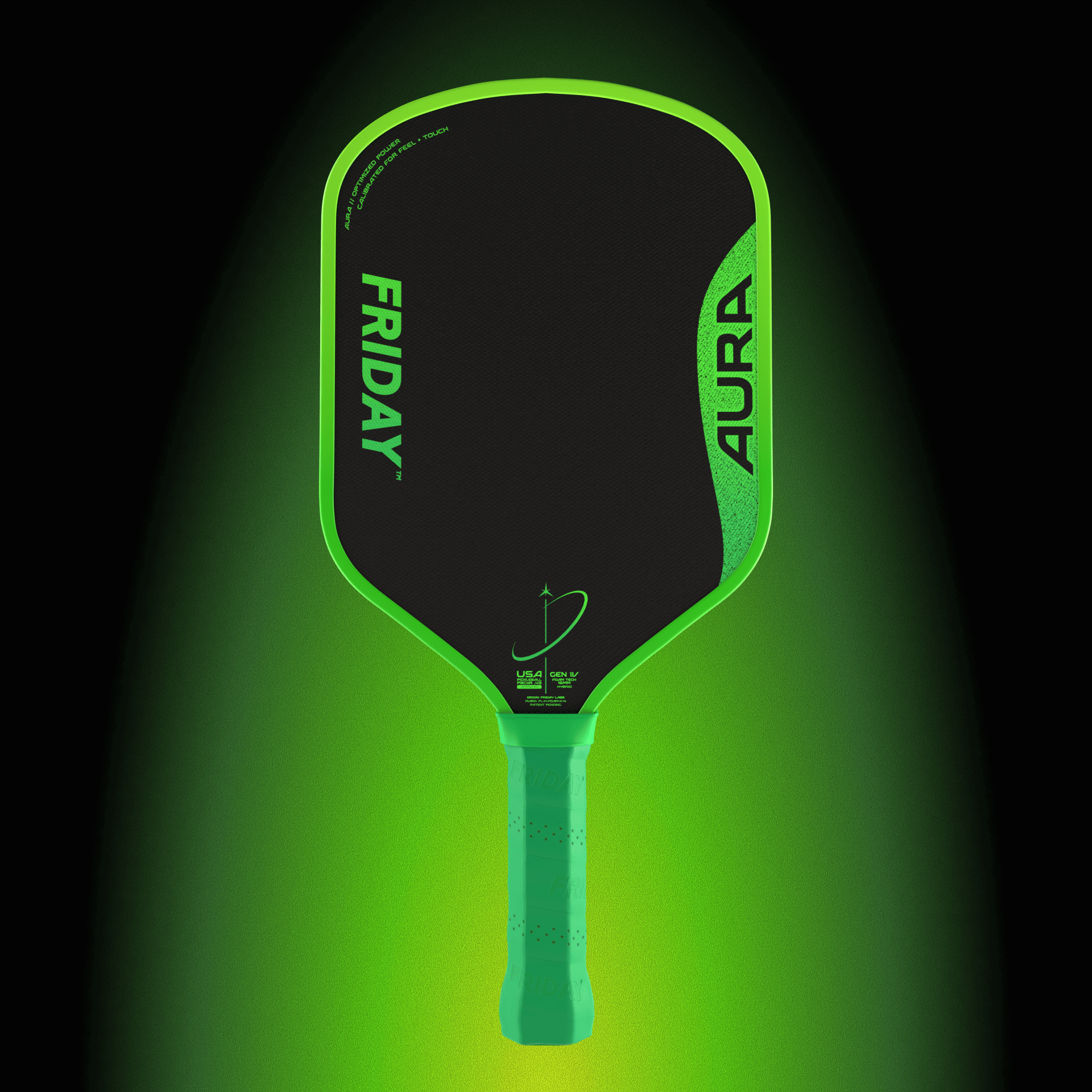 Friday AURA - Hybrid paddle featuring a vibrant green design and optimized features for power and control.
