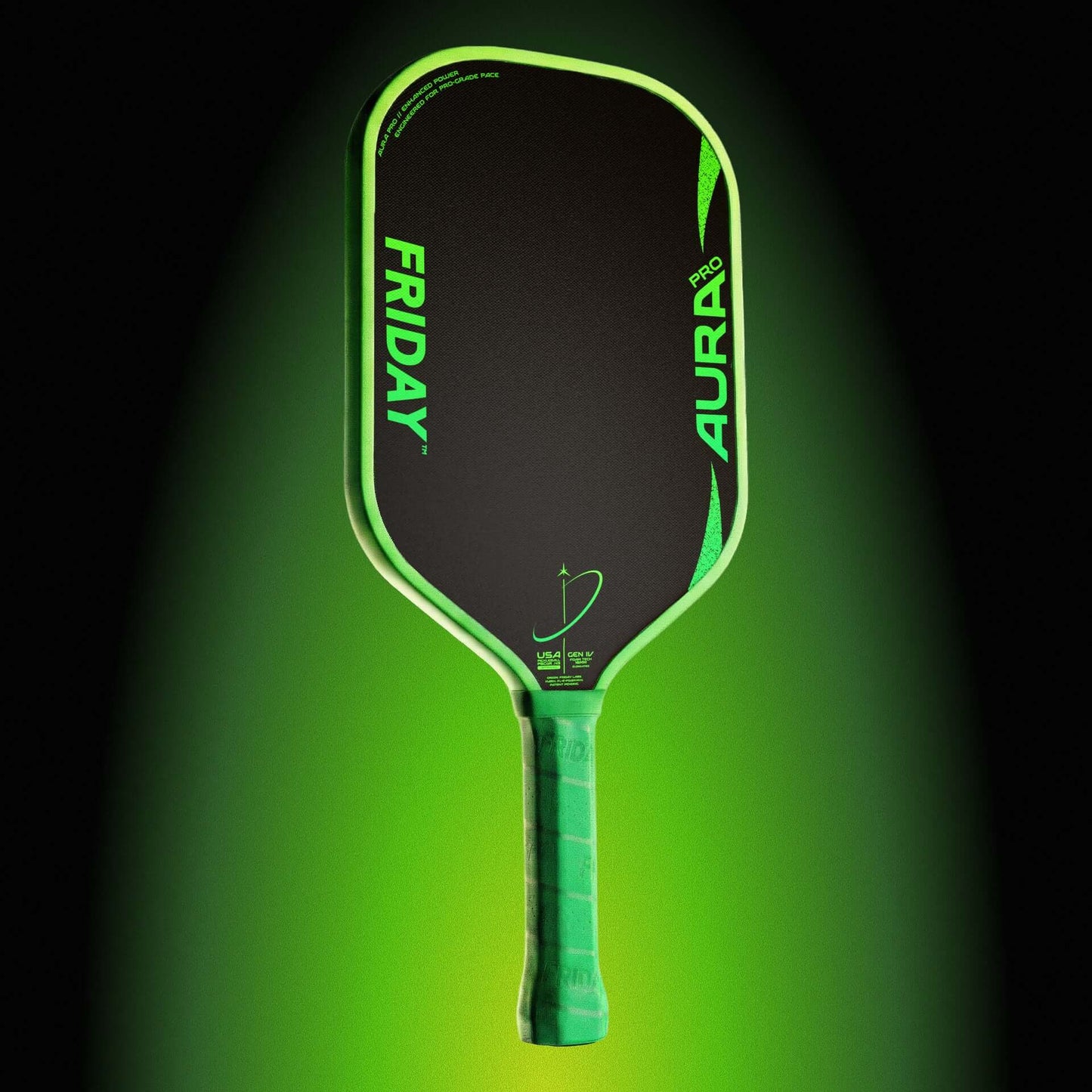 Friday AURA PRO - Elongated paddle featuring vibrant green design and advanced performance technology.