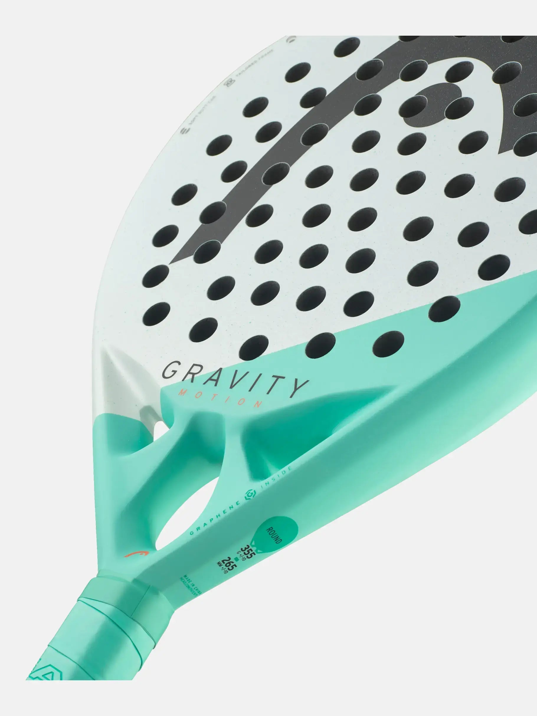 HEAD Gravity Motion Padel Racquet with turquoise design and perforated head for enhanced control.
