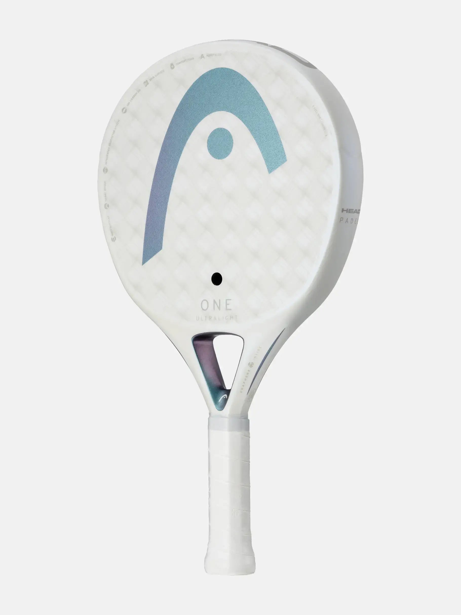 HEAD One Ultralight Padel Racquet with a sleek white design and lightweight build for easy maneuverability.