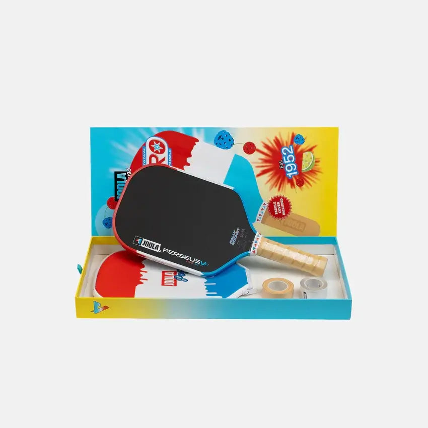 Joola Perseus Pro V Rally Rocket (Limited Edition) paddle in colorful packaging with accessories.