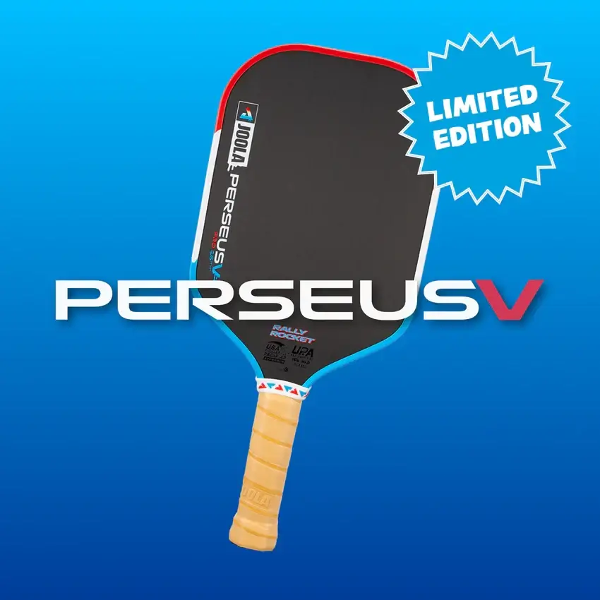 Joola Perseus Pro V Rally Rocket (Limited Edition) paddle on blue background with limited edition tag.