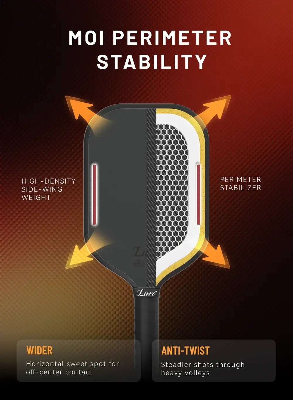 Luzz Cannon2 M1 Paddle showing MOI Perimeter Stability features for improved performance and stability.