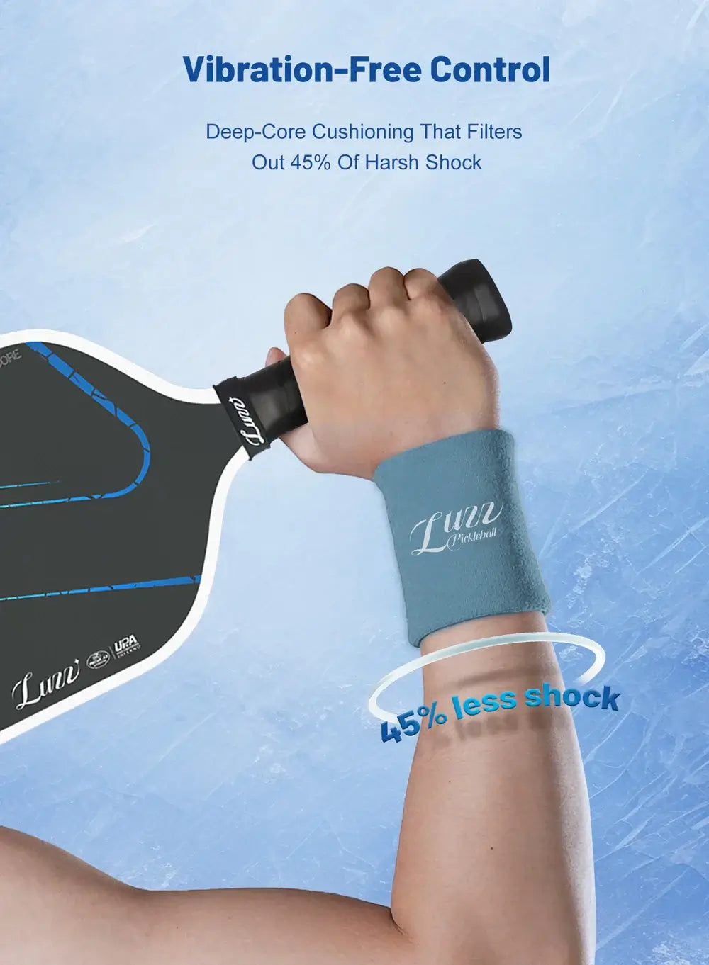 Luzz Inferno Frozen Paddle showcasing vibration-free control and deep-core cushioning that filters out 45% of harsh shock.