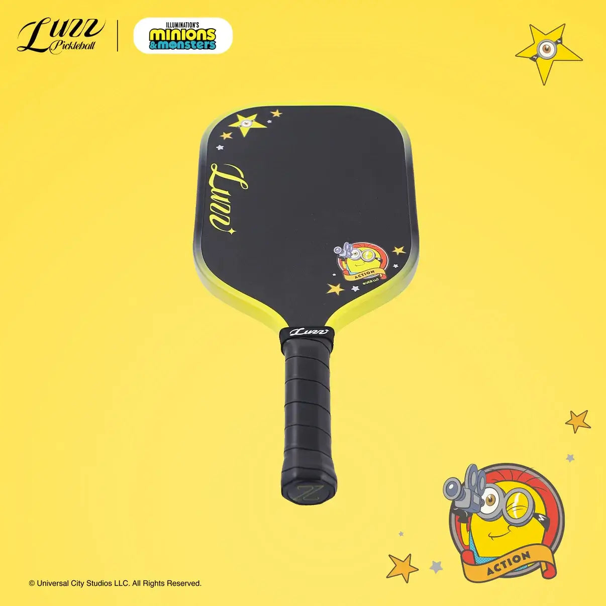 Luzz Minions Cannon2 M1 Paddle on a vibrant yellow background with a minion graphic and star designs.