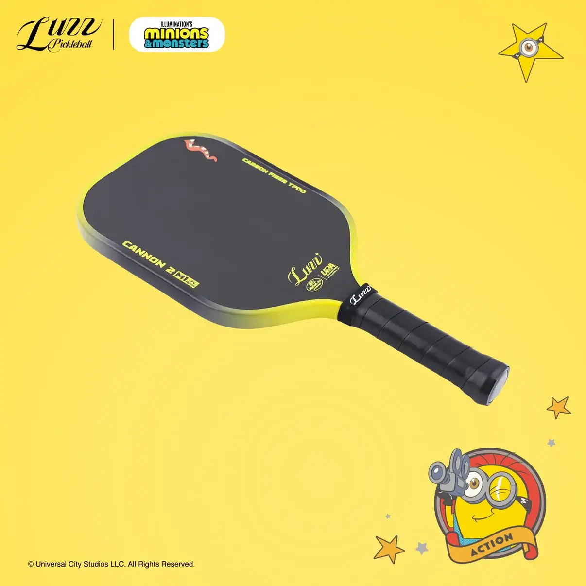 Luzz Minions Cannon2 M1 Paddle displayed on a bright yellow background, showcasing its design and branding.